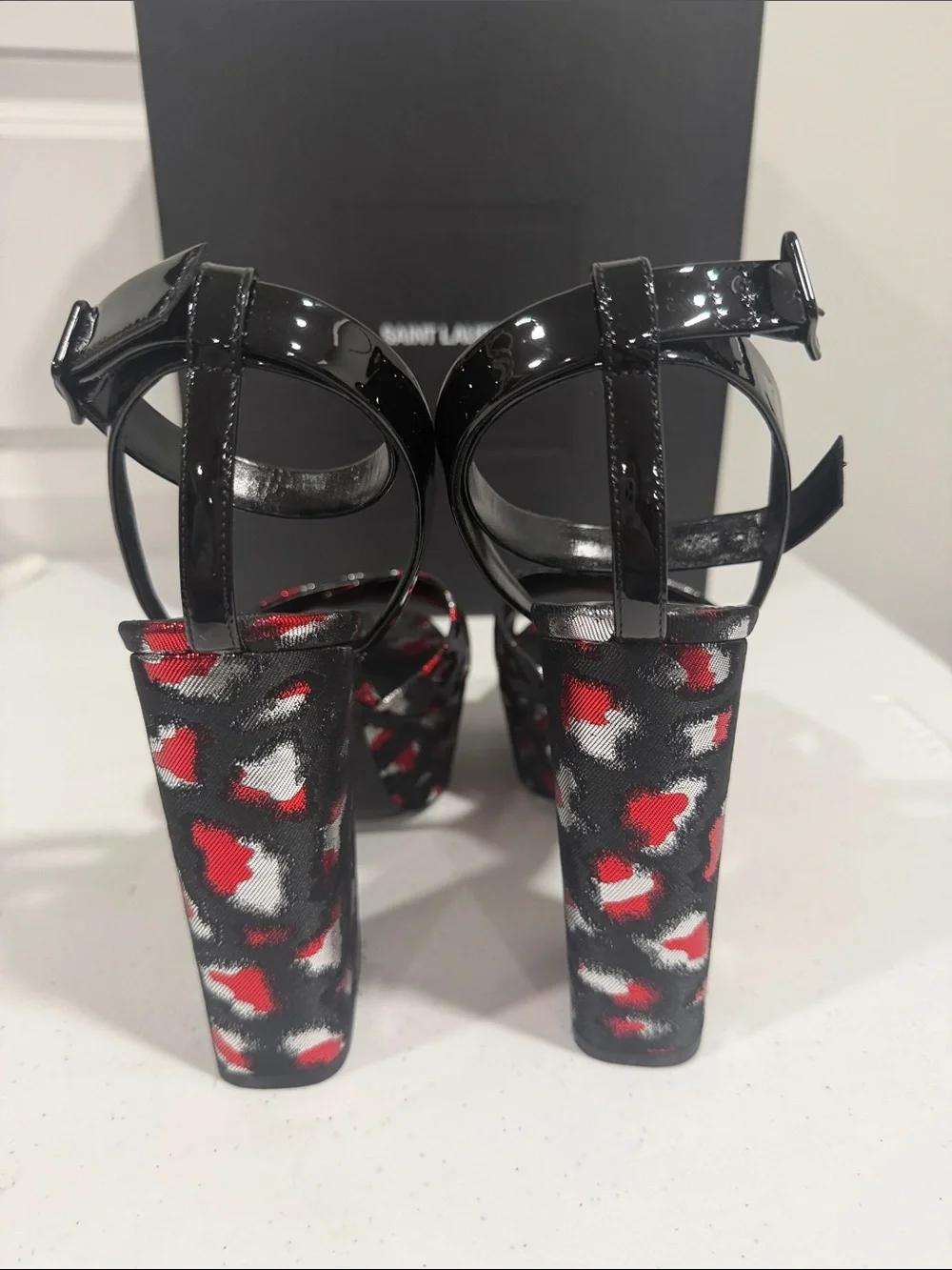 NWT Authenticated Saint Laurent Black and Red Patterned Platform Heels